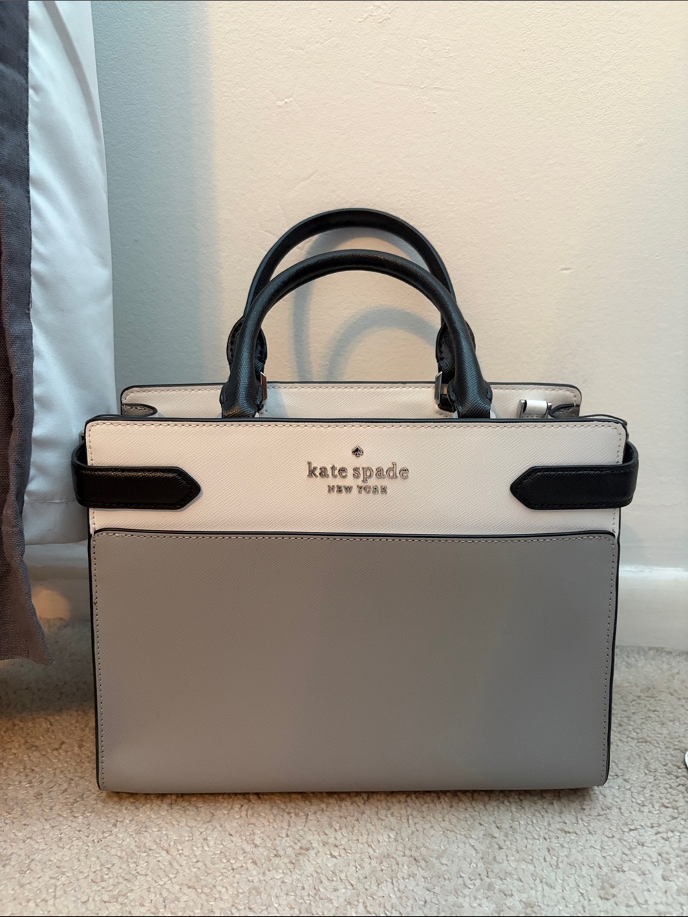 kate spade Two-Tone Black, White & Gray Structured Satchel with Shoulder Strap